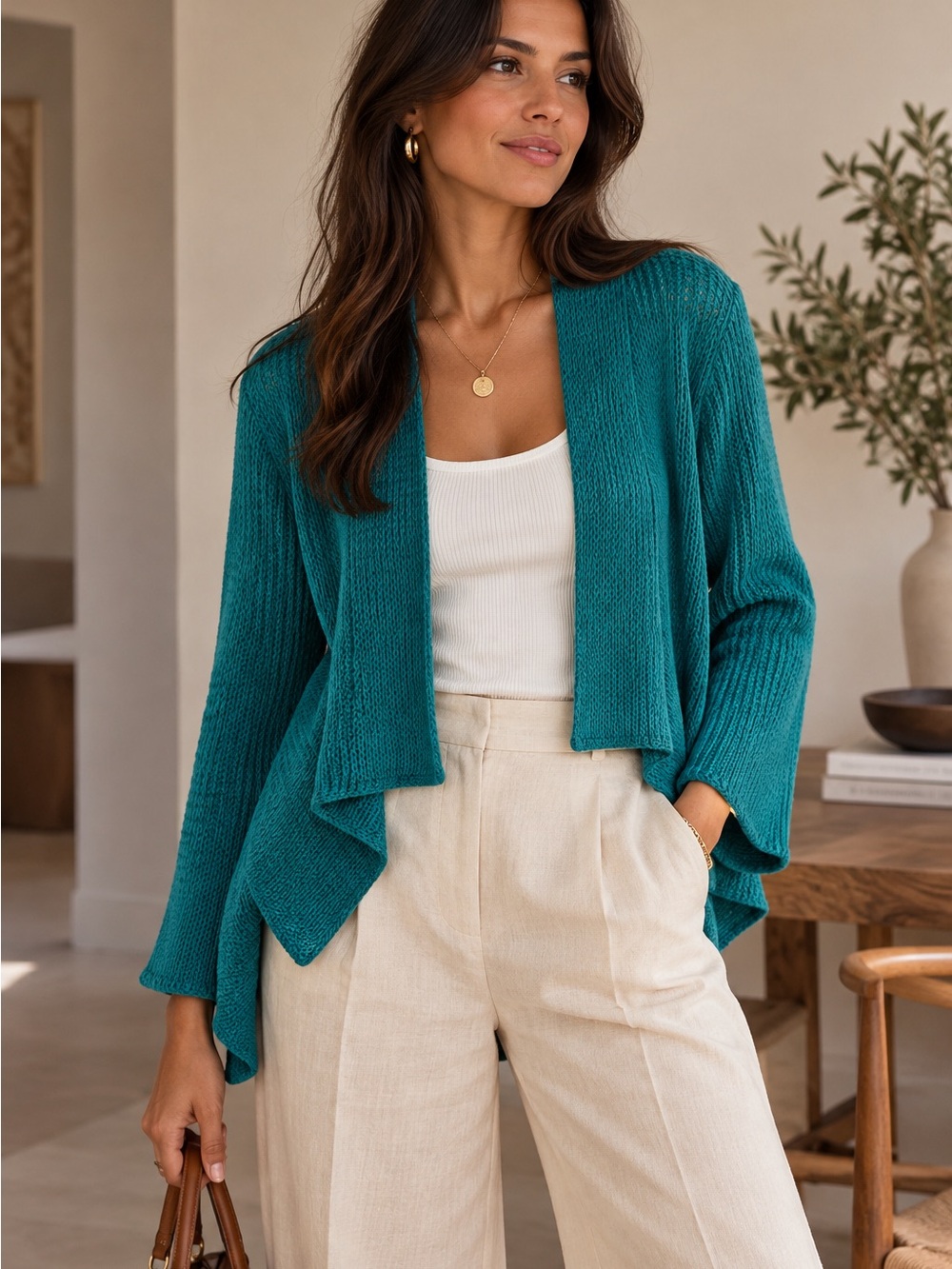 Zara 100% Cotton Teal Open-Front Draped Cardigan